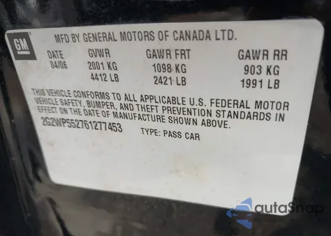 2006 Pontiac Grand Prix из США, поврежденный, VIN 2G2WP552761277453